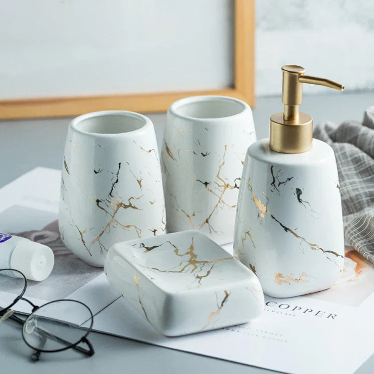 KTX-595795 Nordic Glossed Ceramic Bathroom Accessories Set in White and Gold Marble Design