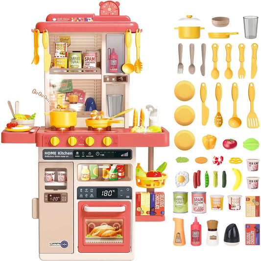 KTX-358611 Kids Kitchen Play Set - 50PCS Cooking Toys with Sounds, Lights, and Spray for Ages 2 to 13