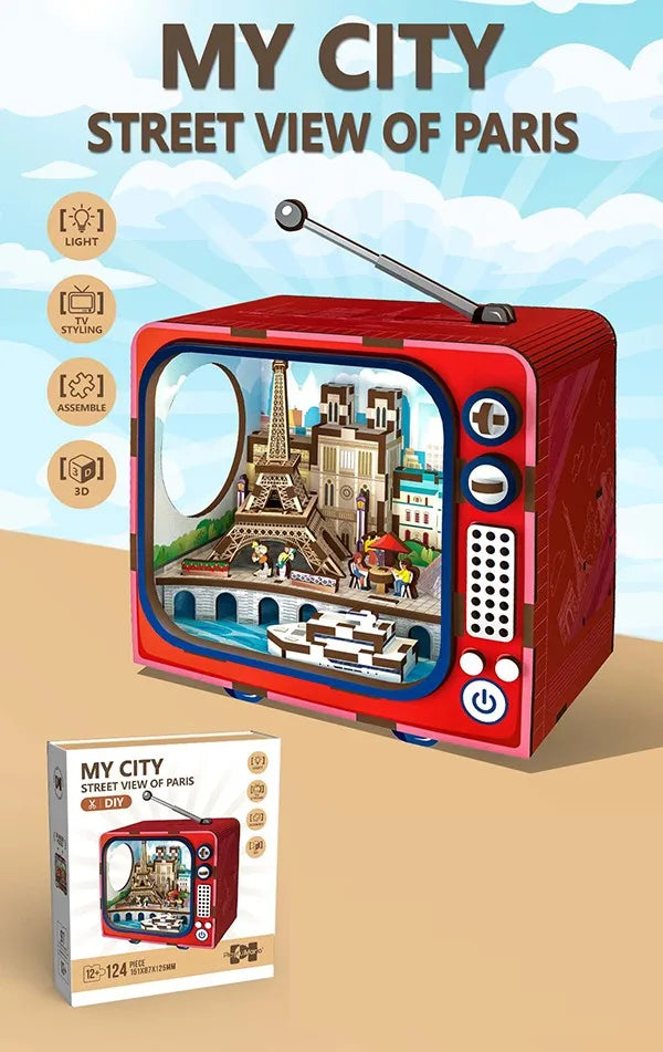 KTX-494291 Wooden 3D TV Set Building Puzzle Miniature Dollhouse DIY Kit for Creative Play