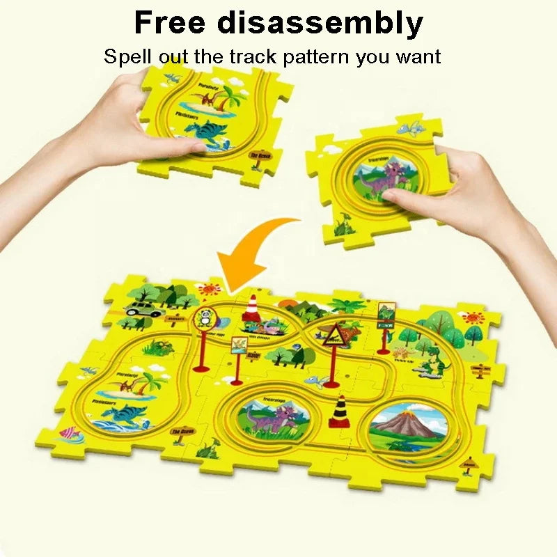 KTX-537875 DIY Electric Rail Car Puzzle Track Building Set for Kids - STEM Activity with 4 Themed Maze Plates