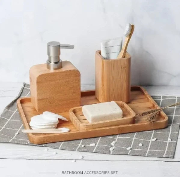 KTX-350611 Bamboo Bathroom Accessories Set with Shower Soap Dish and Mouthwash Cup for Home or Hotel Use