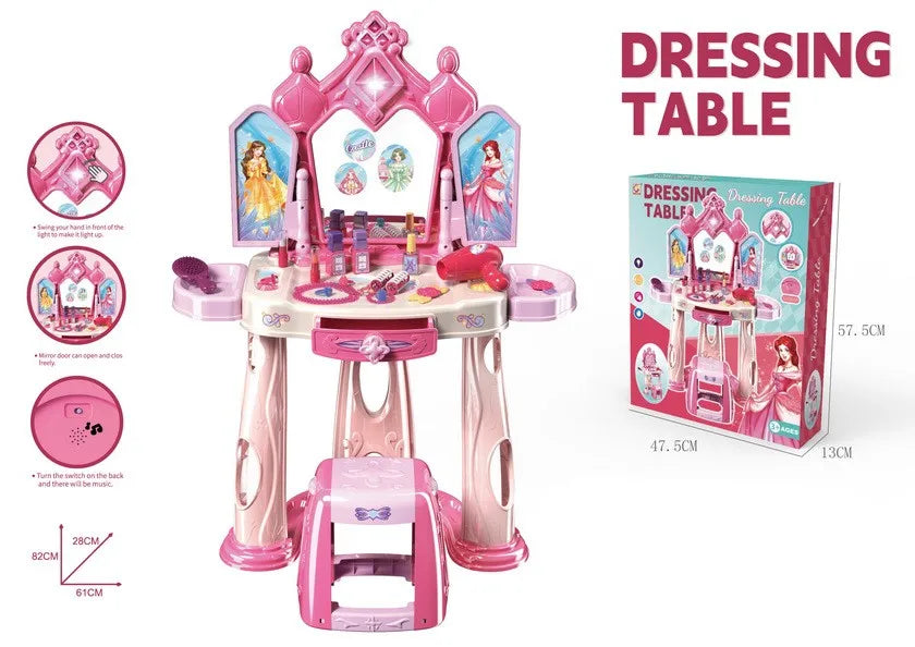 KTX-621907 Pretend Play Makeup Table Set for Girls with Lights, Music, and Openable Doors - Includes Stool
