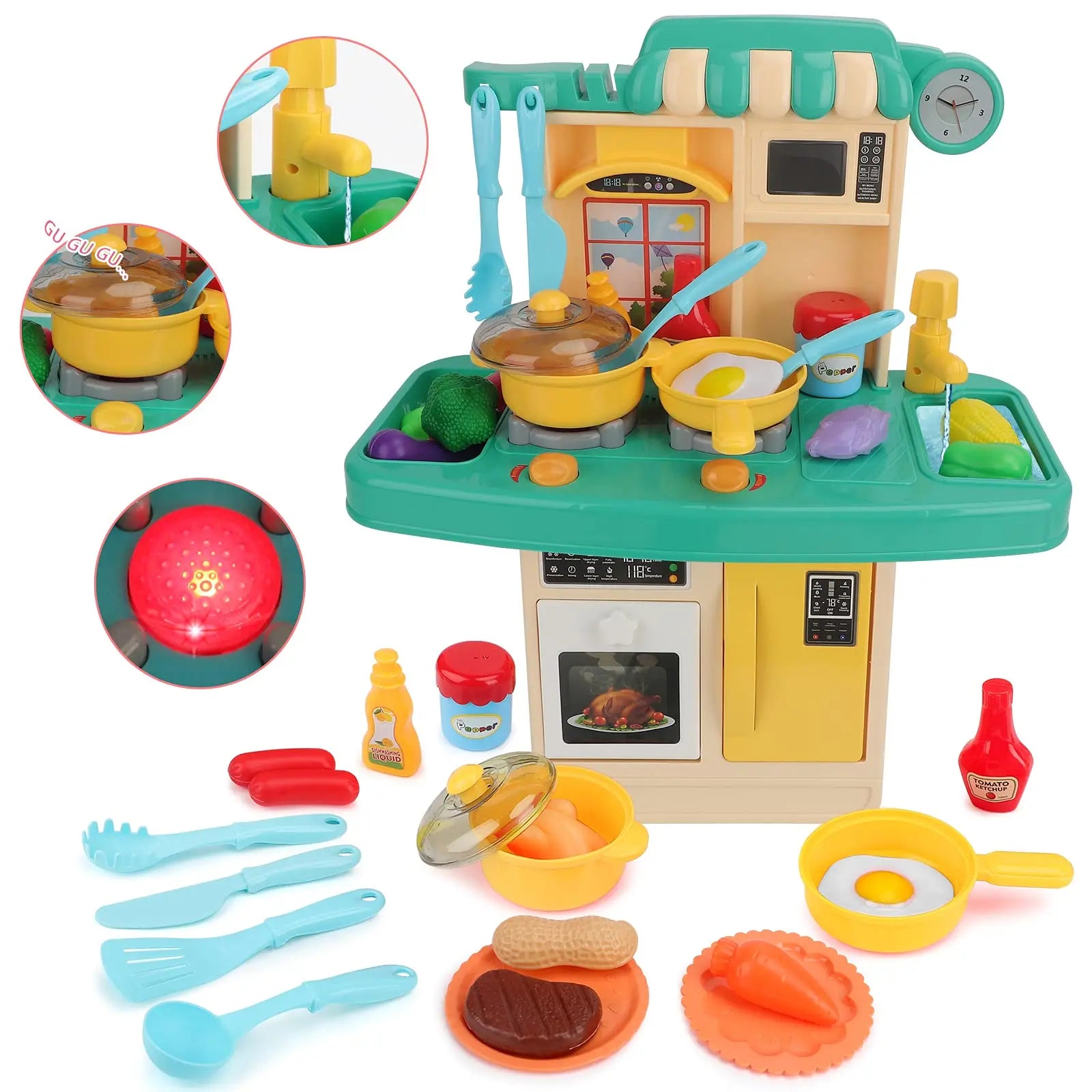 KTX-524755 Realistic Sounds and Lights Kitchen Playset for Kids - 23-Piece Role Play Cooking Toy Set