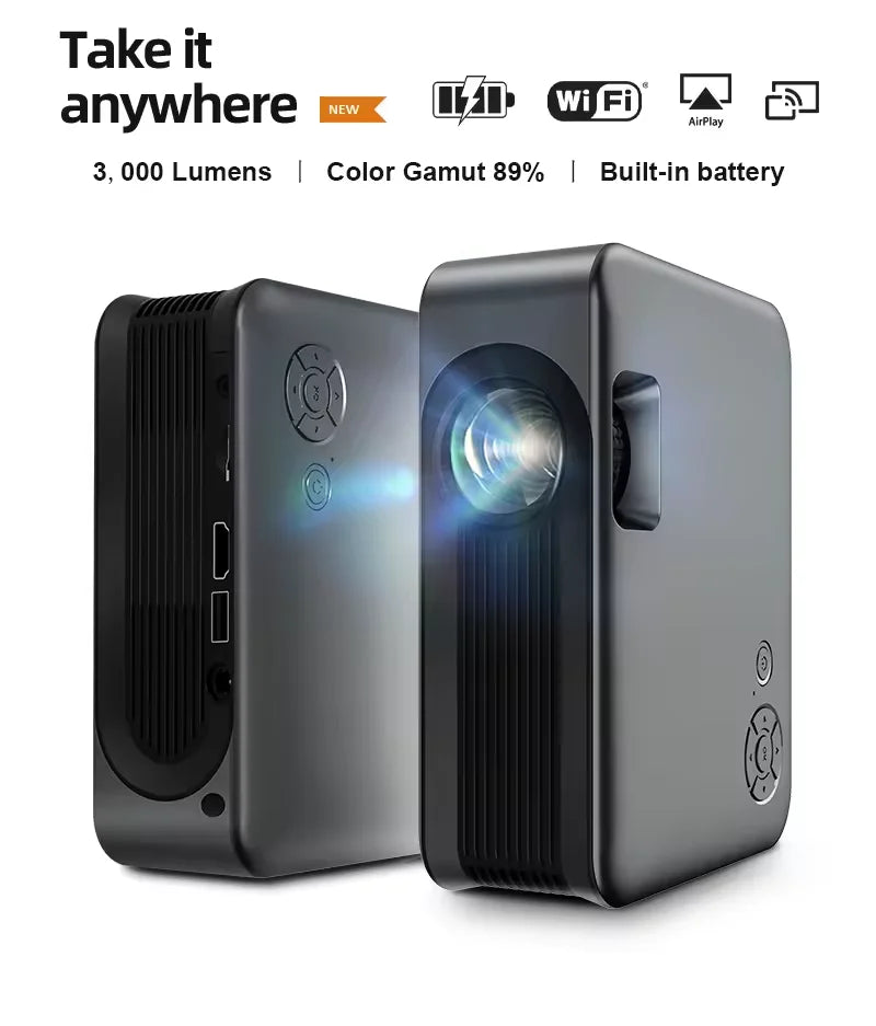 KTX-189011 Portable 1080p Smart WiFi LED Projector with Built-in Battery for 3D and 4K Cinema Experience