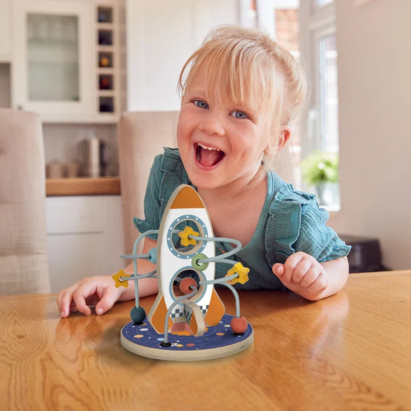 KTX-097235 Montessori Wooden Beads Maze Toy - Multifunctional Rocket-Shaped Educational Activity for Preschool Learning