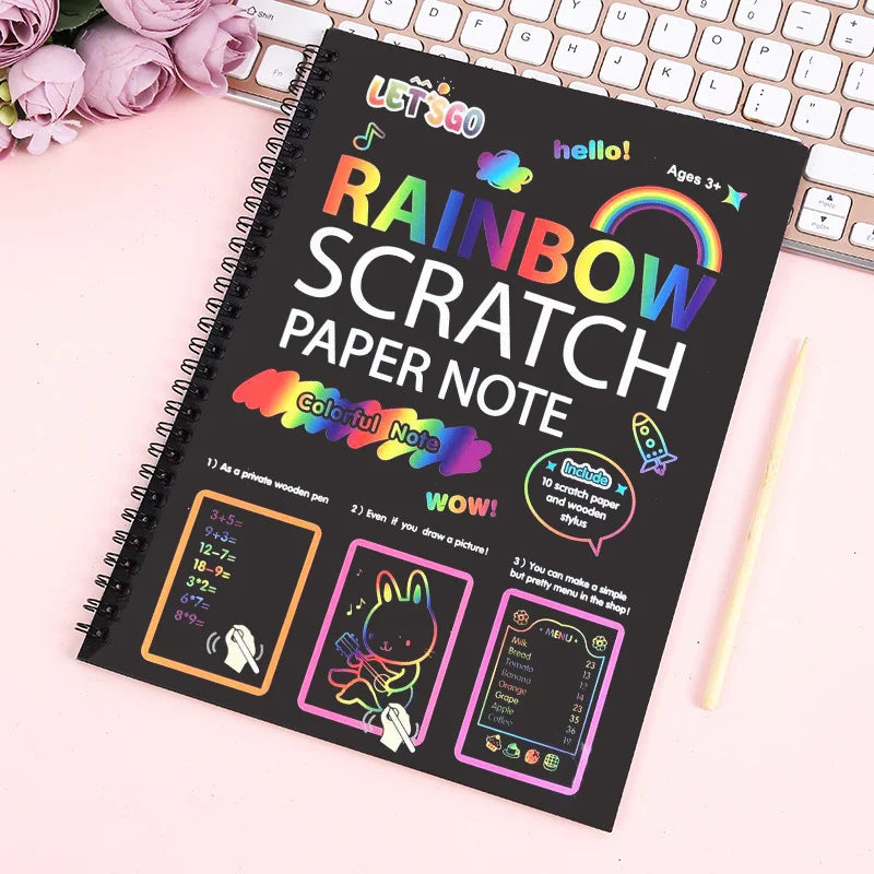 KTX-894867 DIY Rainbow Scratch Paper Set for Kids with Bamboo Sticks - Creative Scratch Art Books
