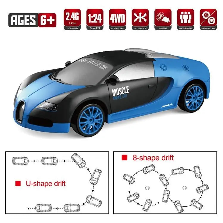 KTX-756435 1:24 4WD Drift RC Car with LED Light, 4-Channel Remote Control, Stunt Racing, Battery Included, Indoor-Outdoor Fun