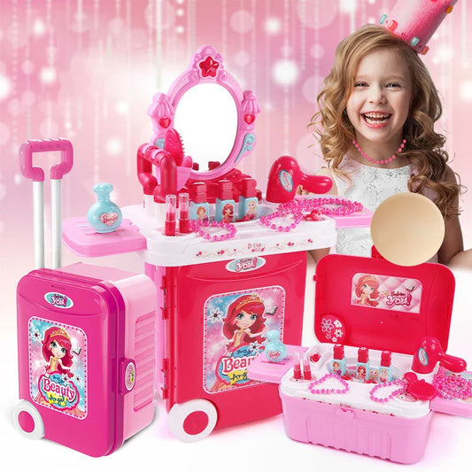 KTX-634195 3-in-1 Pretend Play Trolley Suitcase with Doctor and Makeup Toy Set for Girls