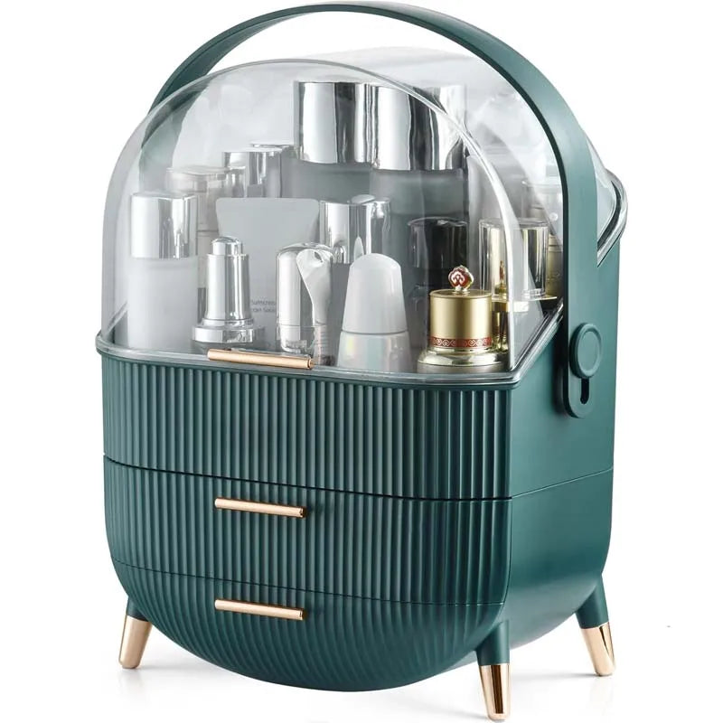 KTX-548691 360° Rotating Makeup Organizer with Lid and 2 Drawers – Space-Saving Skincare Storage Solution