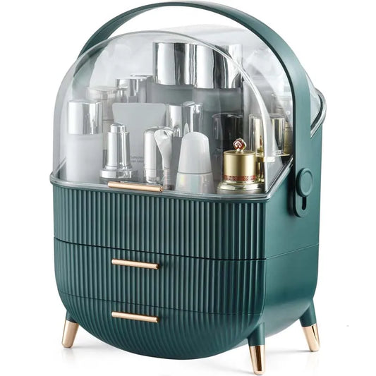 KTX-548691 360° Rotating Makeup Organizer with Lid and 2 Drawers – Space-Saving Skincare Storage Solution