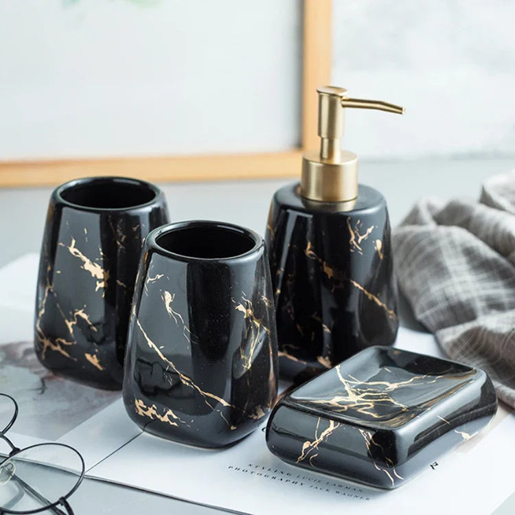 KTX-595795 Nordic Glossed Ceramic Bathroom Accessories Set in White and Gold Marble Design