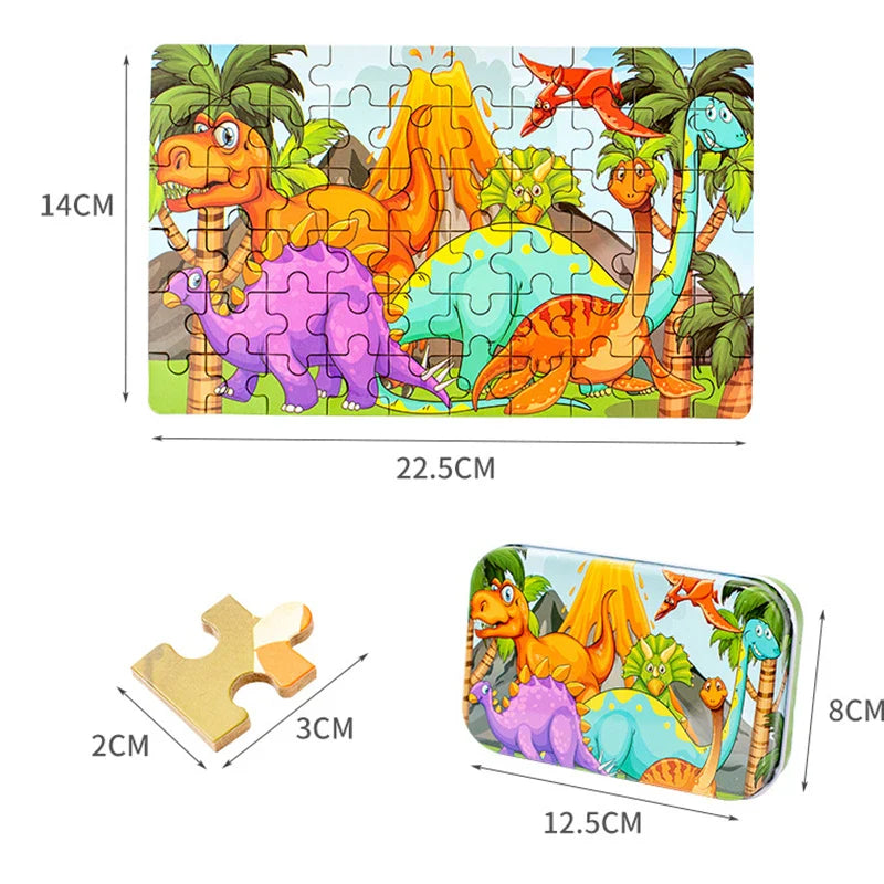 KTX-349331 60-Piece Educational Dinosaur Jigsaw Puzzle for Kids - Iron Box Wooden Puzzle Toys