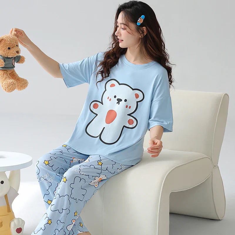 KTX-067027 New Thin Pajamas Casual Loose Short-sleeved Trousers Suit Summer Outerwear Cotton Home Service