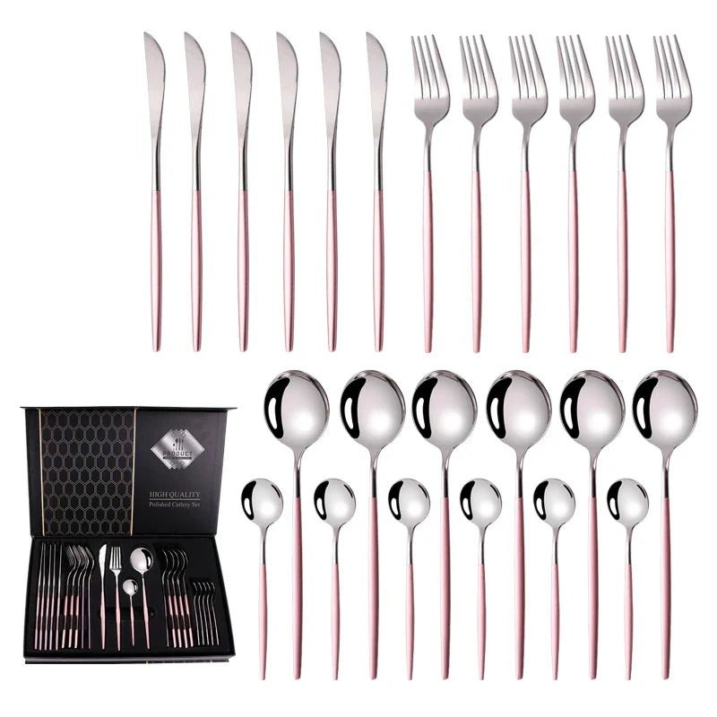 KTX-280083 24-Piece Gold Stainless Steel Flatware Set with Gift Box for Parties and Weddings
