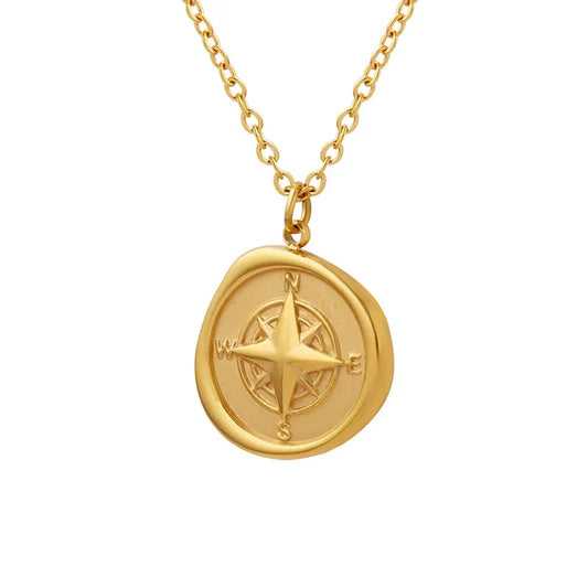KTX-363091 Fashion 18k Gold Plated Chain Statement Necklace Waterproof Stainless Steel Compass Pendant Necklace for Women Gift