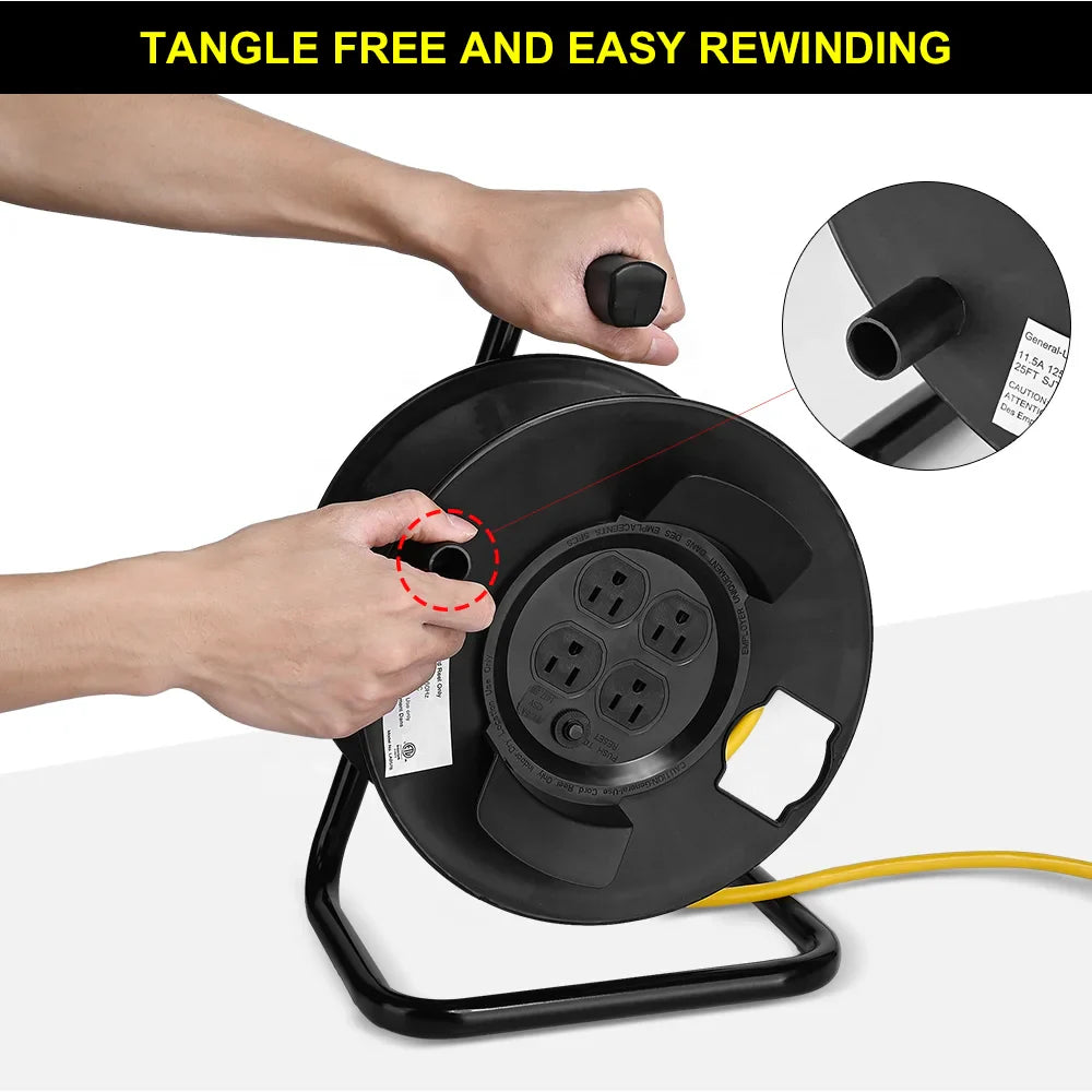KTX-723027 Heavy Duty 25ft Extension Cord Reel with 4 Outlets and Circuit Breaker, 14/3 AWG SJTW