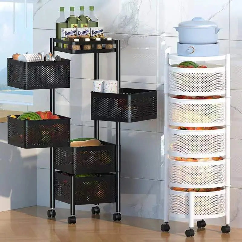 KTX-712531 Five-Layer Metal Kitchen Organizer with Detachable Wheels and Four-Layer Fruit & Vegetable Storage Baskets