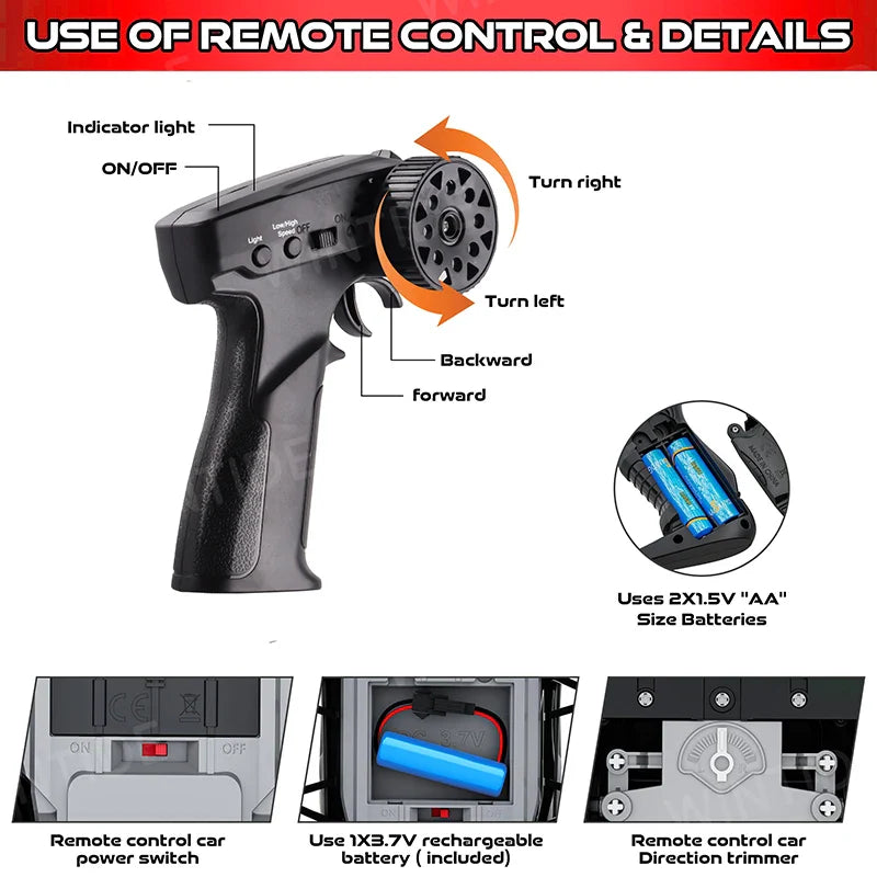 KTX-395987 1:24 Scale High Speed 4WD Drift Racing Toy Car with LED Lights and Remote Control - Kid-Friendly Design