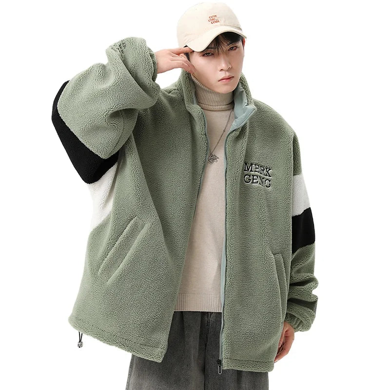 KTX-603667 Men's Large Size Warm Cotton Jacket With Winter Stand-Up Collar 550g Lamb Wool Contrasting Zipper Closure Clothing