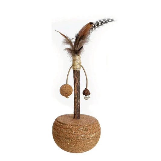KTX-702099 Natural Cork Catnip Ball Toy with Bells and Feathers for Cats