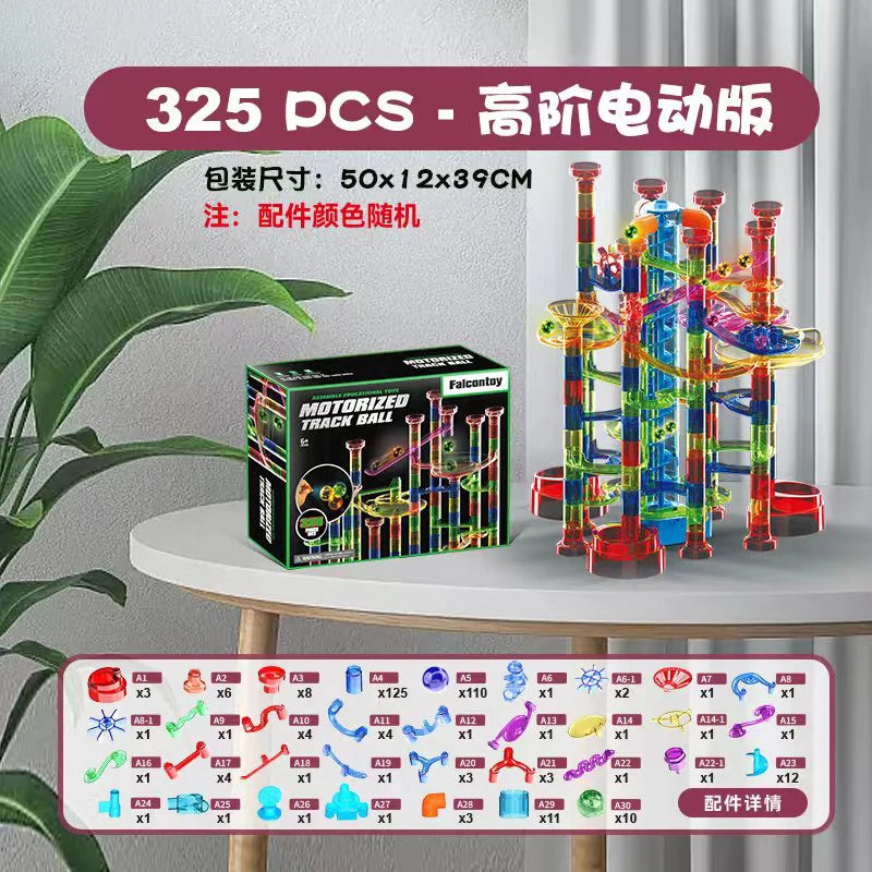 KTX-012435 325-Piece Glow-in-the-Dark Marble Run STEM Toy Set with Motorized Elevator for Kids