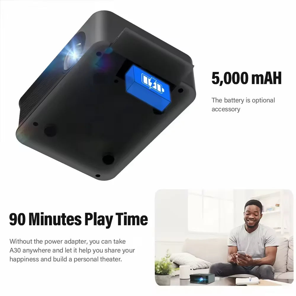 KTX-189011 Portable 1080p Smart WiFi LED Projector with Built-in Battery for 3D and 4K Cinema Experience