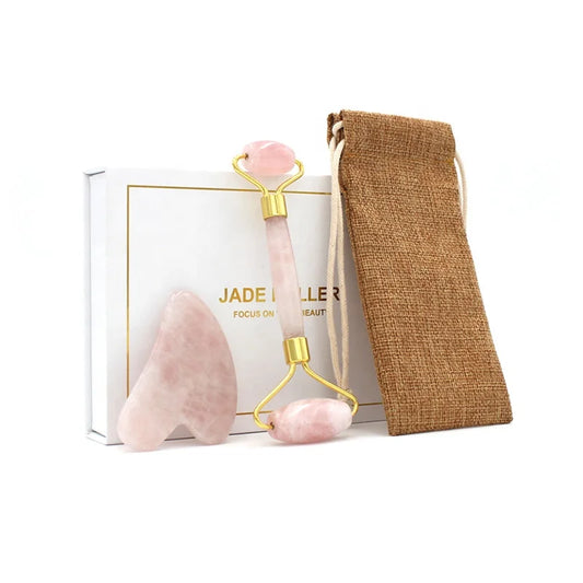 KTX-964051 Rose Quartz Facial Massage Roller and Gua Sha Set with Pouch and Gift Box