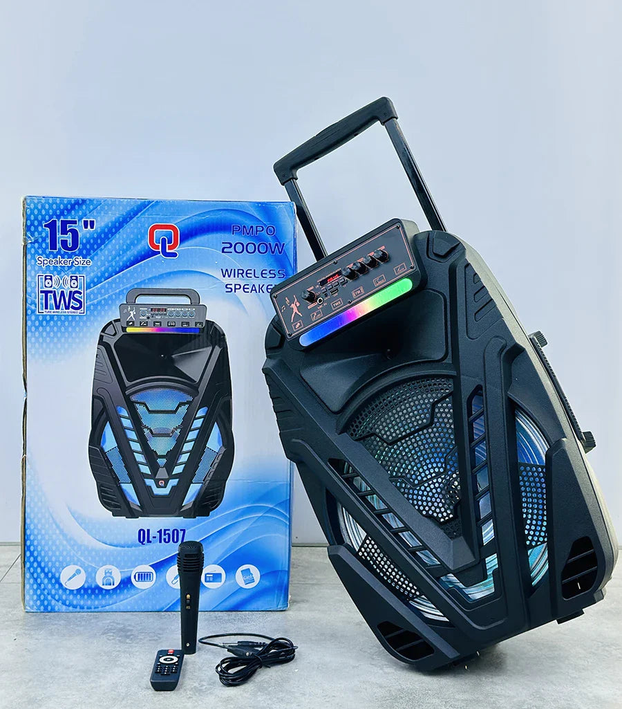 KTX-580563 15 Inch Portable Trolley Speaker with Wireless Sound and Subwoofer