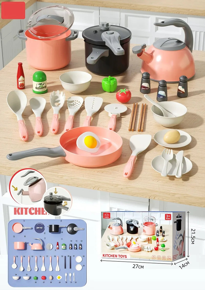 KTX-607251 Mini Luxury Pink Kitchen Playset - 32Pcs Kids Pretend Food Toys for Ages 5 and Up
