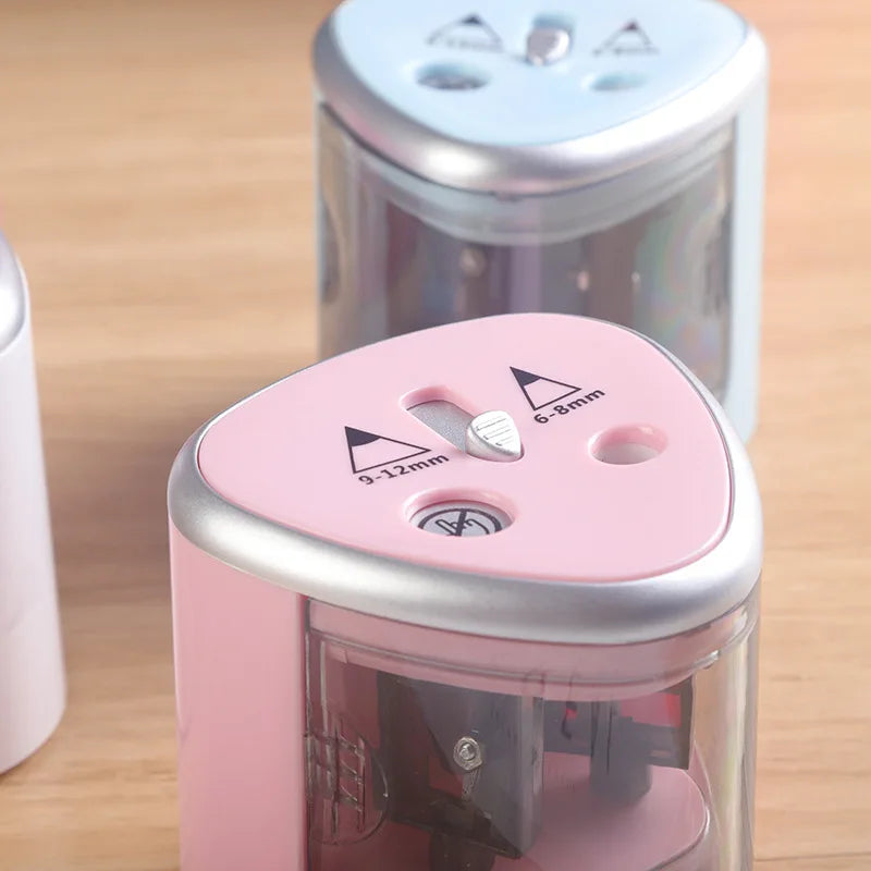 KTX-788819 Electric Battery Operated Double Hole Pencil Sharpener for 6-12mm Pencils in Pink, Blue, and White