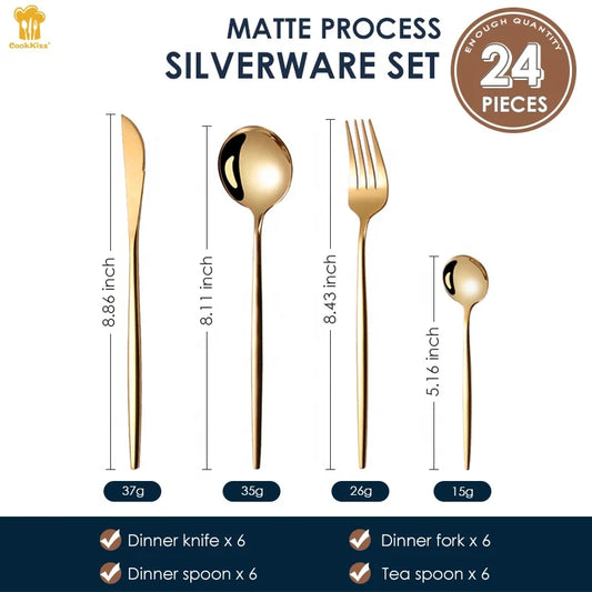 KTX-280083 24-Piece Gold Stainless Steel Flatware Set with Gift Box for Parties and Weddings