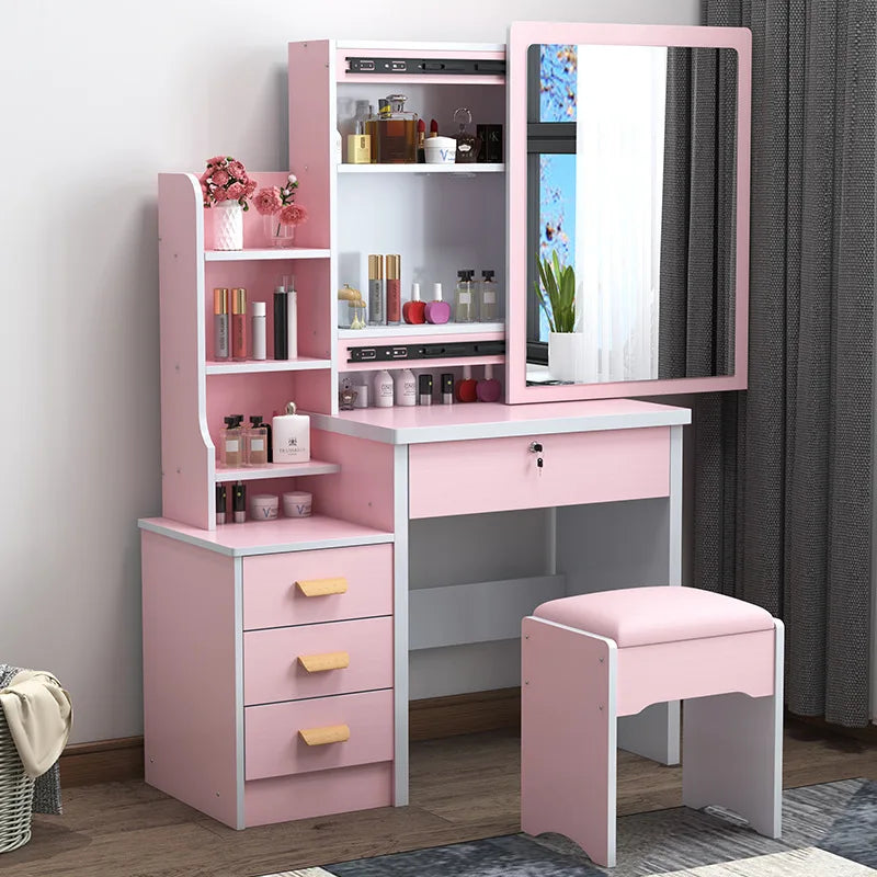 KTX-432403 Wooden Makeup Desk Vanity Set with Cushioned Stool and Round Mirror