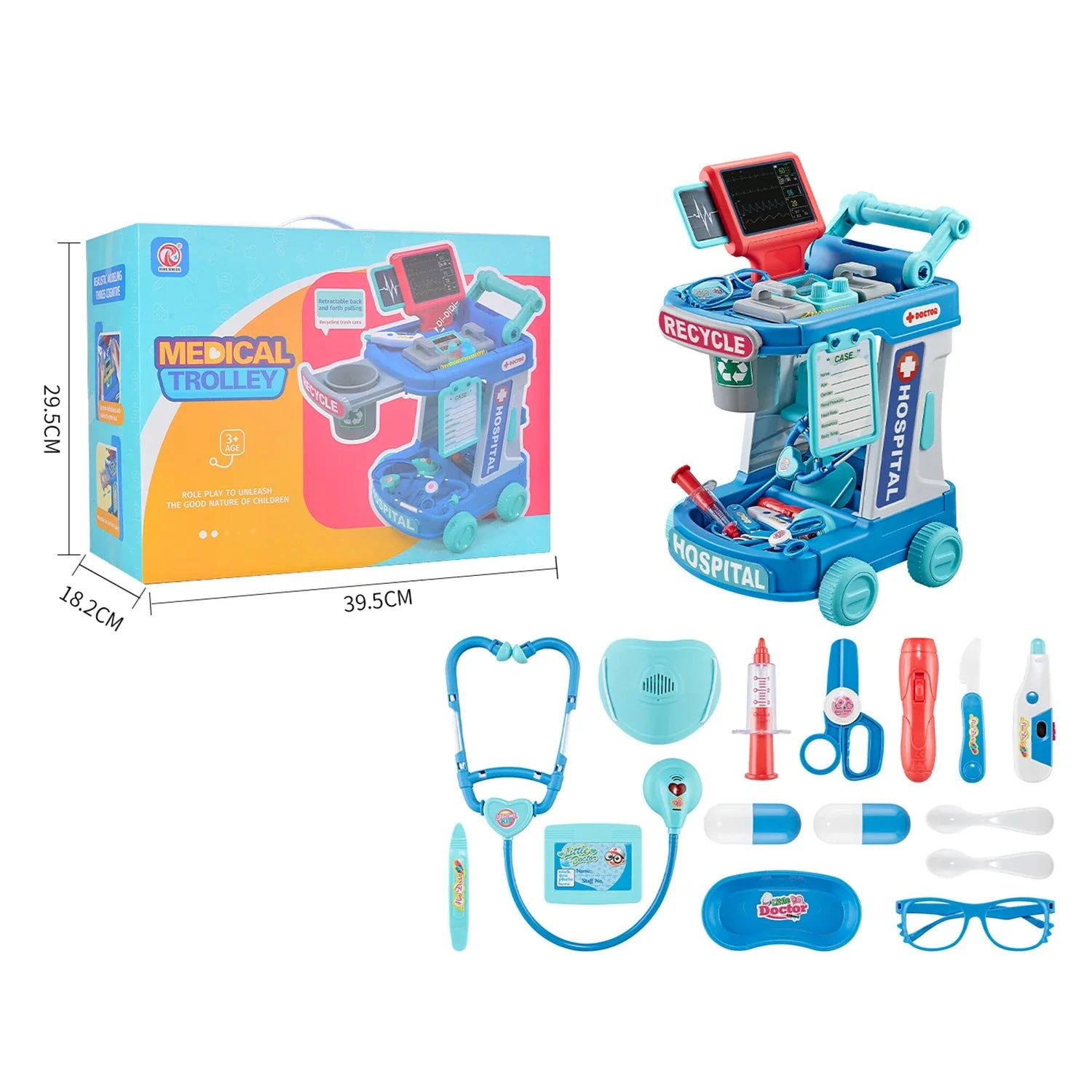 KTX-229843 Kids Doctor Play Set - Pretend Play Medical Trolley for Ages 2 to 13 Years - Plastic Components