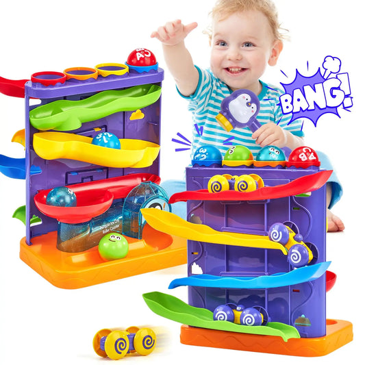 KTX-296531 2 in 1 Penguin Hammer Pounding Ball Ramp Toy for Kids, Educational Roller Coaster Play Set