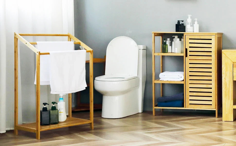 KTX-809363 Natural Bamboo Free Standing Towel Rack for Bathrooms and Toilets