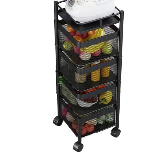 KTX-089939 Adjustable 2-5 Layer Kitchen Storage Trolley with Wheels and Square Metal Shelves