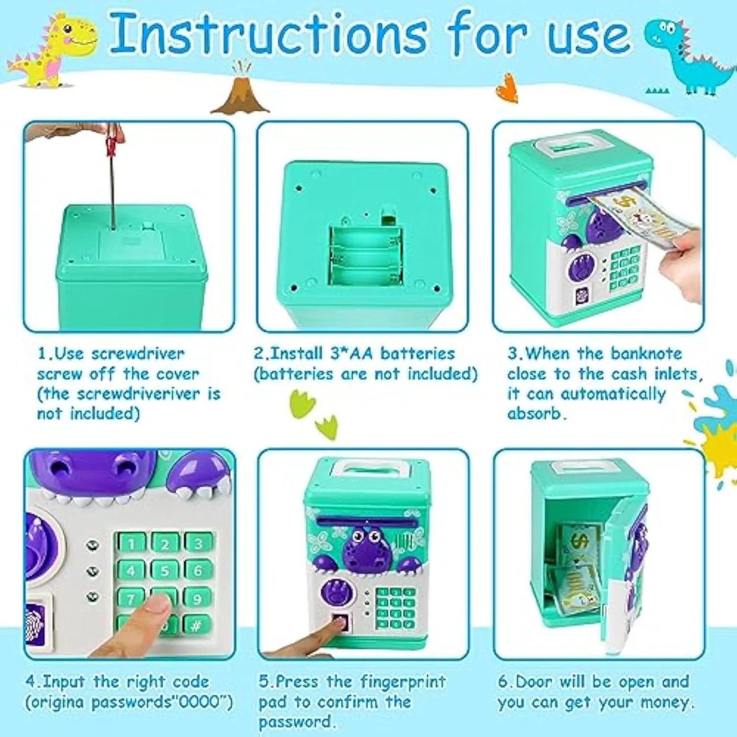 KTX-719059 Dinosaur Mini ATM Piggy Bank for Kids – Fun Plastic Saving Toy with Sound Feature