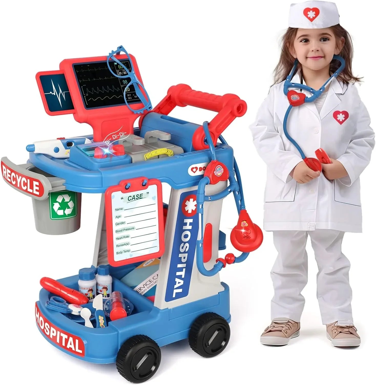KTX-229843 Kids Doctor Play Set - Pretend Play Medical Trolley for Ages 2 to 13 Years - Plastic Components