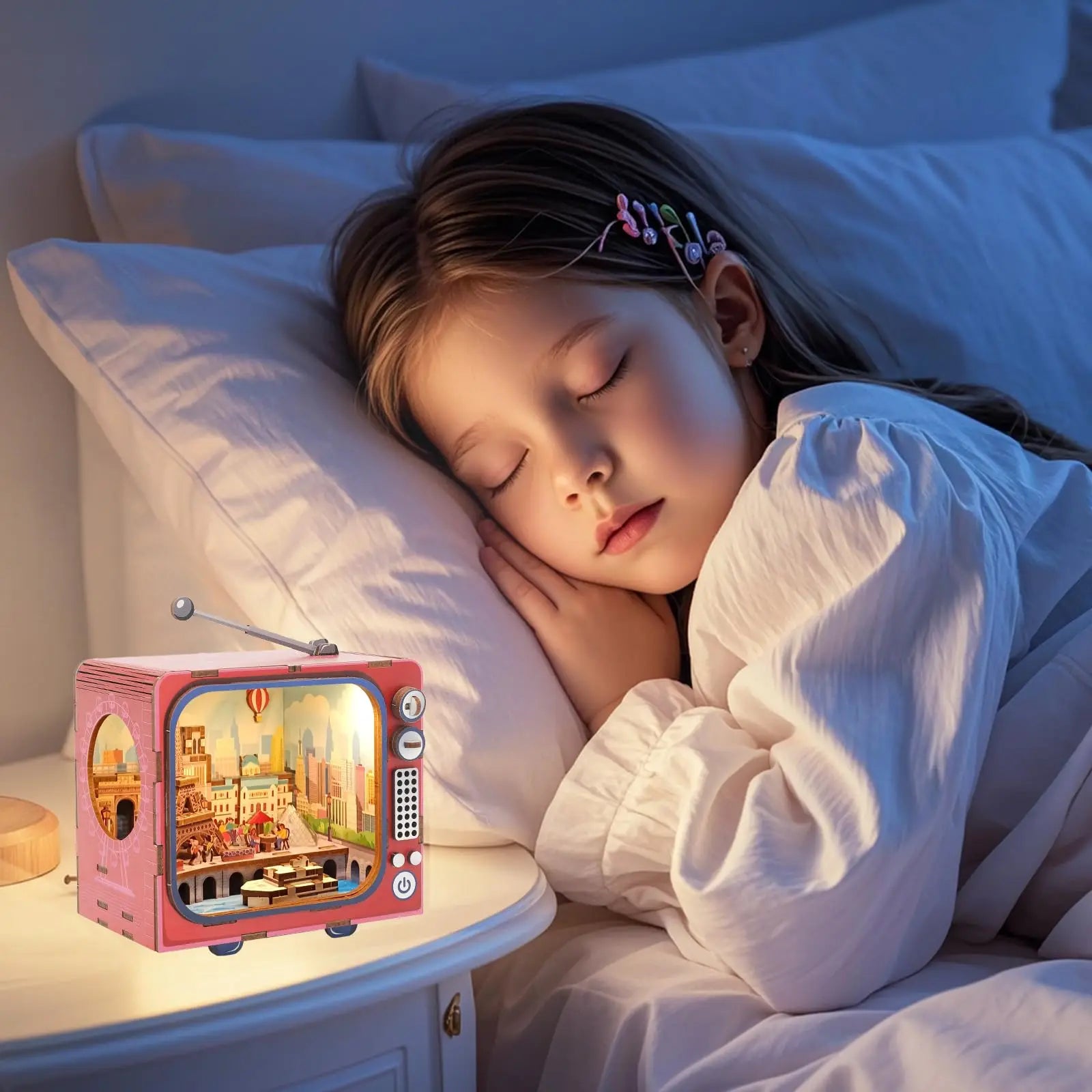 KTX-494291 Wooden 3D TV Set Building Puzzle Miniature Dollhouse DIY Kit for Creative Play