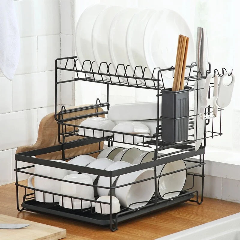 KTX-778067 2-Tier Stainless Steel Dish Drying Rack with Utensil Holder for Kitchen Organization