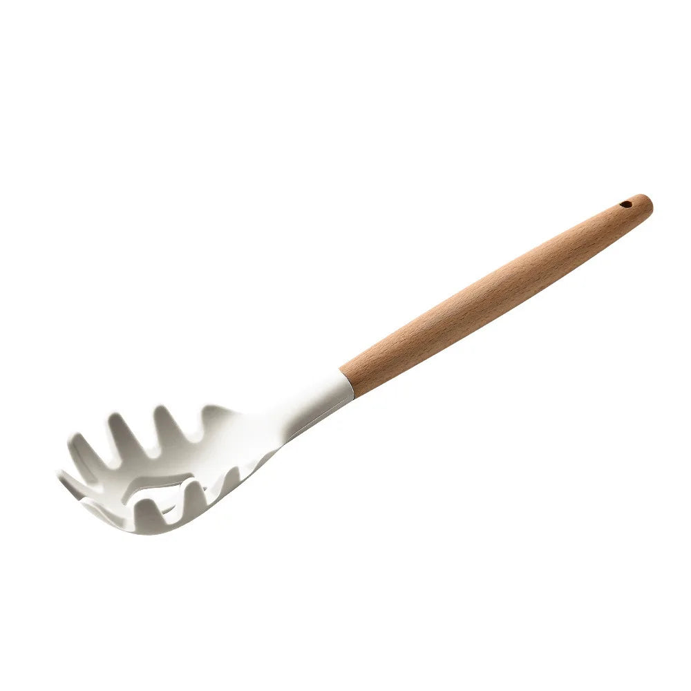 KTX-378387 Creamy White Wooden Handle Nonstick Silicone Kitchen Utensils - 11 Piece Cooking Tool Set