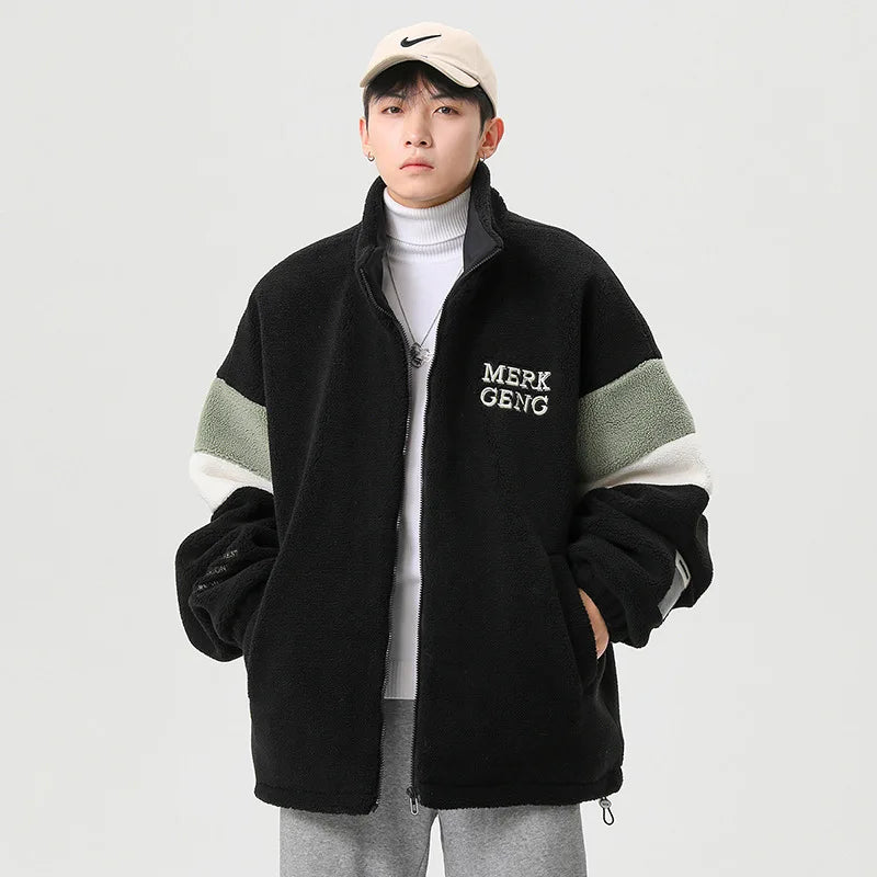 KTX-603667 Men's Large Size Warm Cotton Jacket With Winter Stand-Up Collar 550g Lamb Wool Contrasting Zipper Closure Clothing