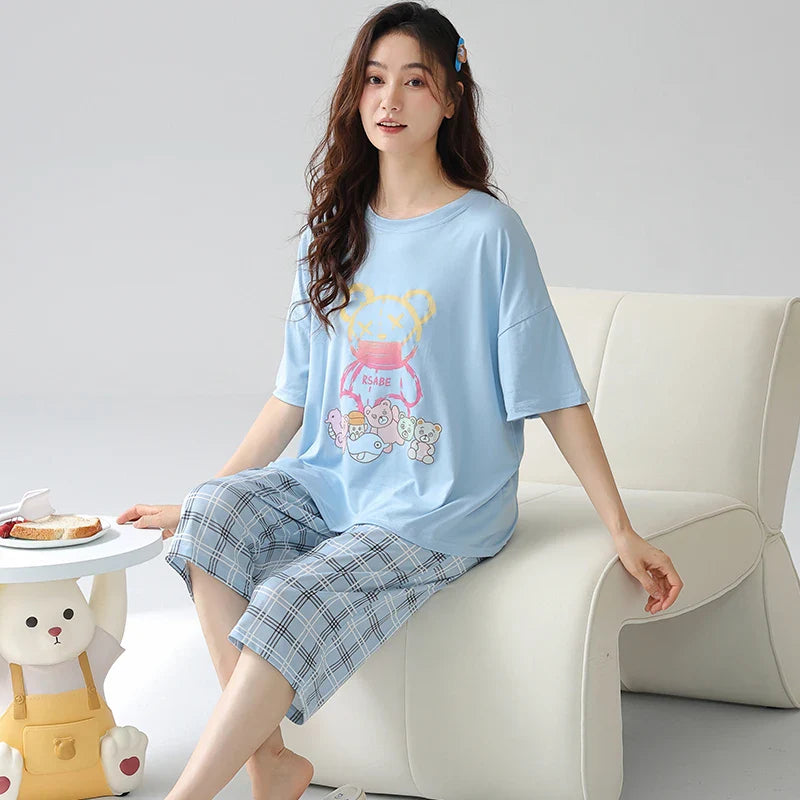 KTX-477203 Women's Cotton Short-sleeved Seven-point Pants Summer Home Service Suit Women's Loose Hedging Cartoon Pajamas