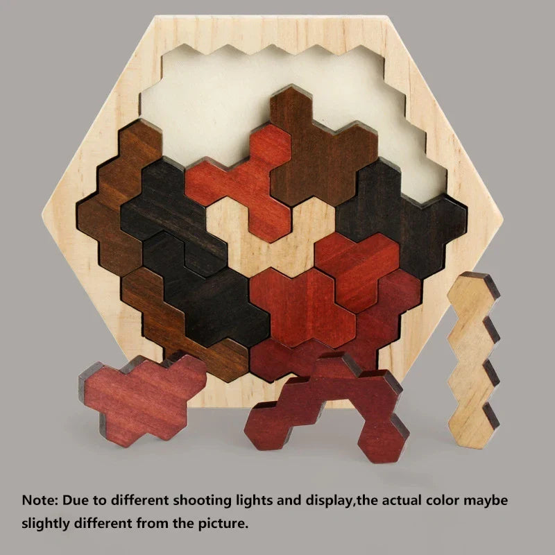 KTX-727891 3D Hexagonal Wooden Puzzle Set for Children – Educational Montessori Tangram Toys