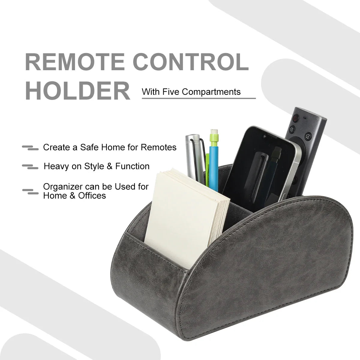 KTX-829715 Five-Compartment PU Leather Remote Control Holder for Organising and Desk Storage