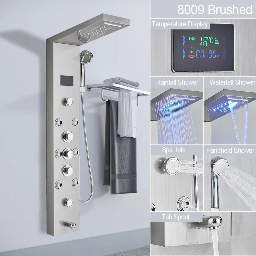 KTX-786259 5-in-1 Black Stainless Steel Multifunction Rain Shower System with Body Spray Head