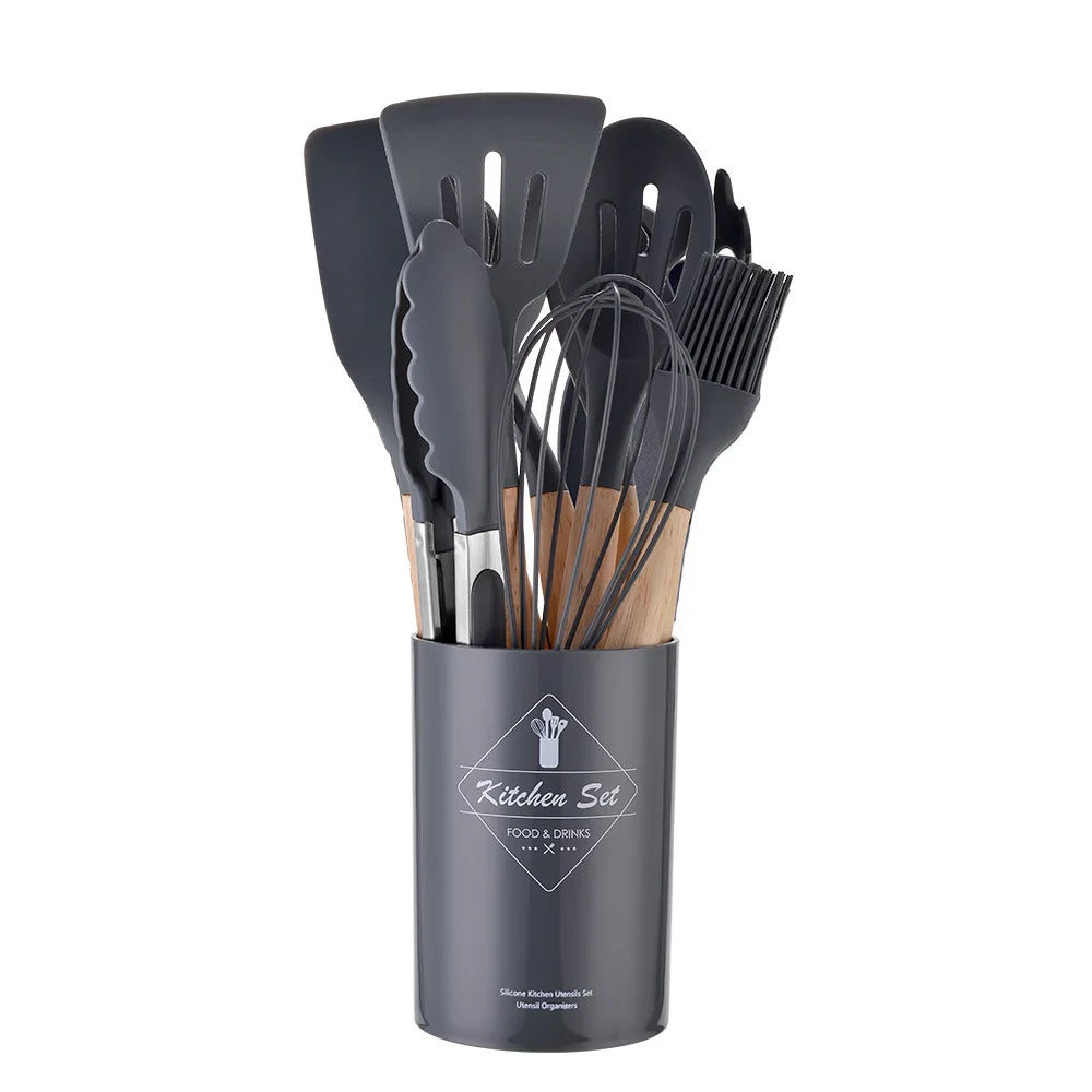 KTX-378387 Creamy White Wooden Handle Nonstick Silicone Kitchen Utensils - 11 Piece Cooking Tool Set