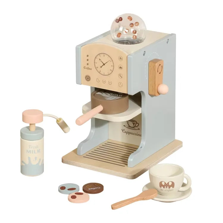 KTX-964179 Blue Wooden Coffee Maker Toy Set for Kids - Mini Educational DIY Kitchen Play for Boys and Girls