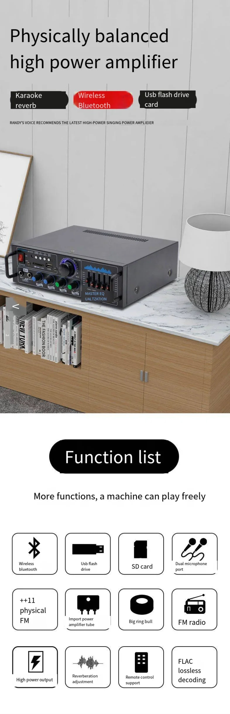 KTX-255187 HiFi Home Digital Amplifier 2*80W Bluetooth MP3 Subwoofer AMP 2.0 Channel Sound System