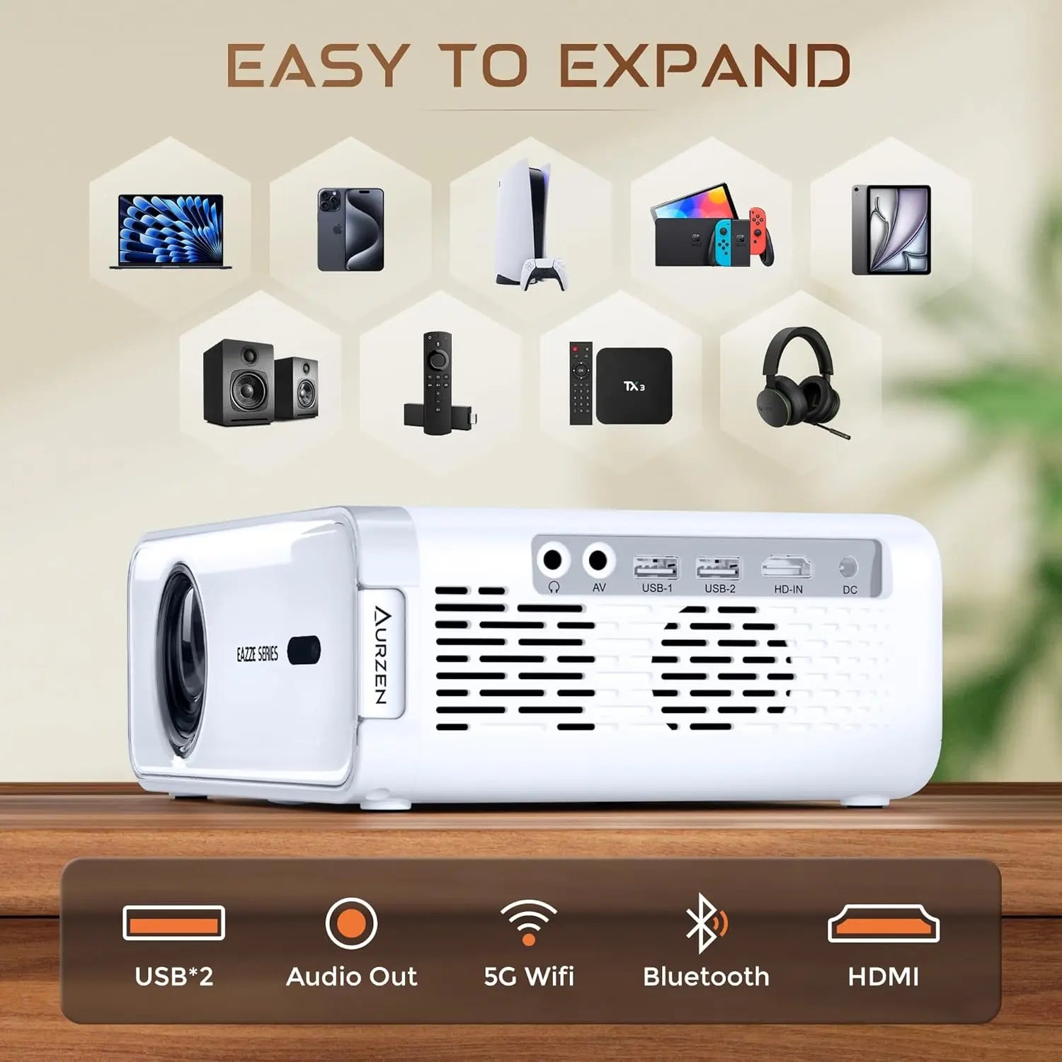 KTX-337043 1080P Mini Portable Projector with Auto Focus and Keystone Correction, Officially Licensed for Netflix